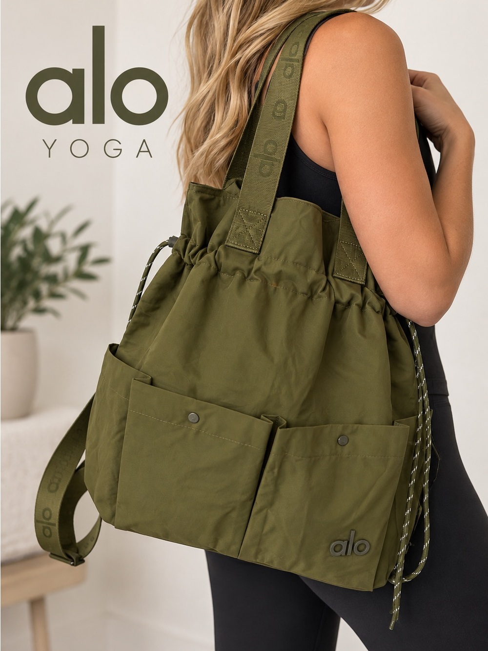 ALO Yoga Olive Green Drawstring Tote Bag Convertible Backpack NWT